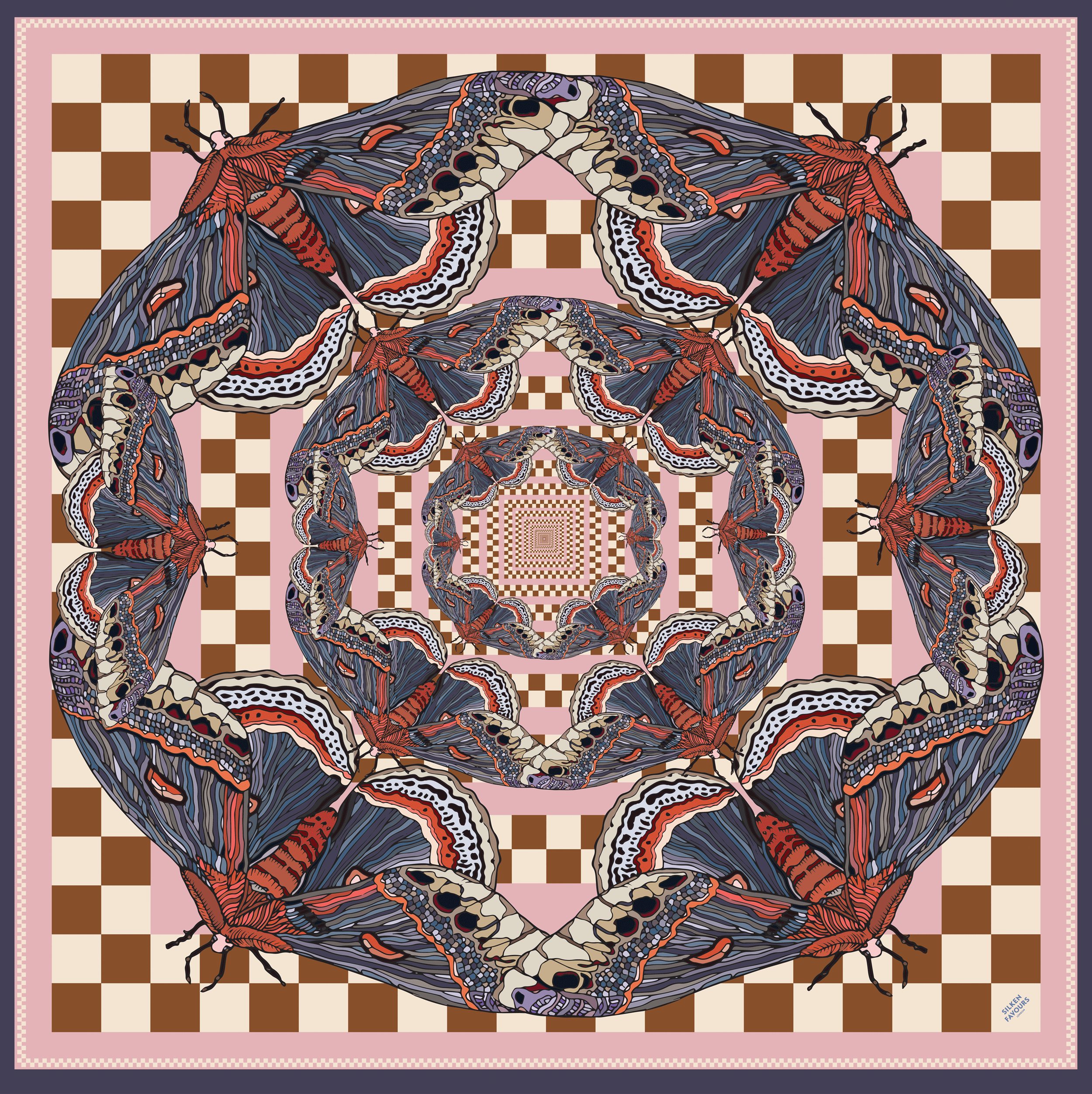 Moth Chequerboard Pink / Brown Silk Scarf 90x90cm – silkenfavours
