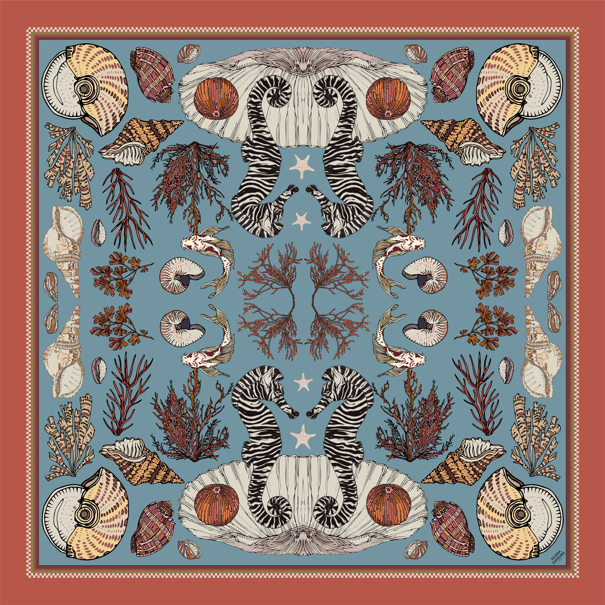 Sea Breeze Blue Orange silk handkerchief 45x45cm | Silken Favours