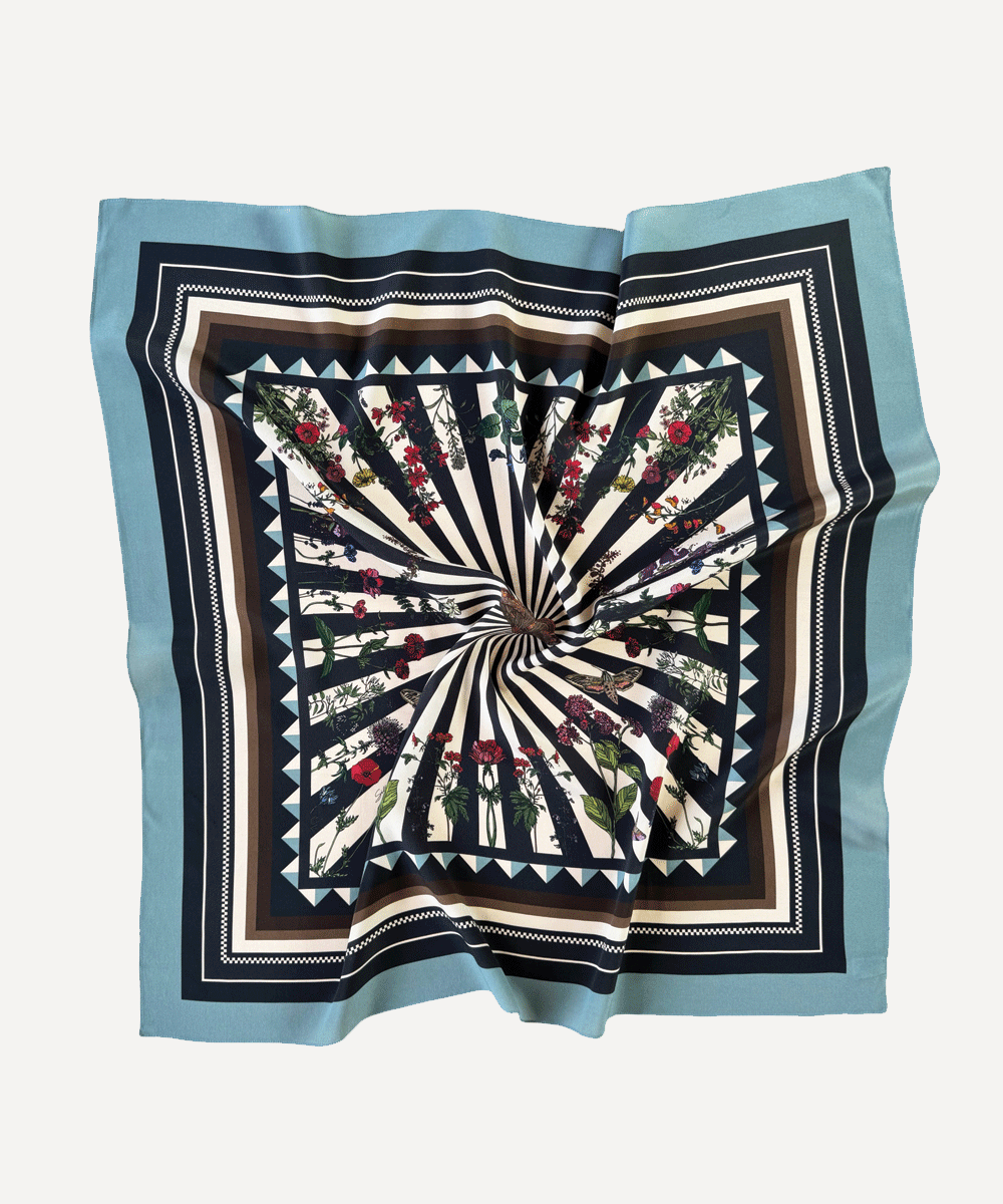 Floral Moth blue silk scarf by Silken Favours — illustrated moth and floral design with black stripes, made in Britain