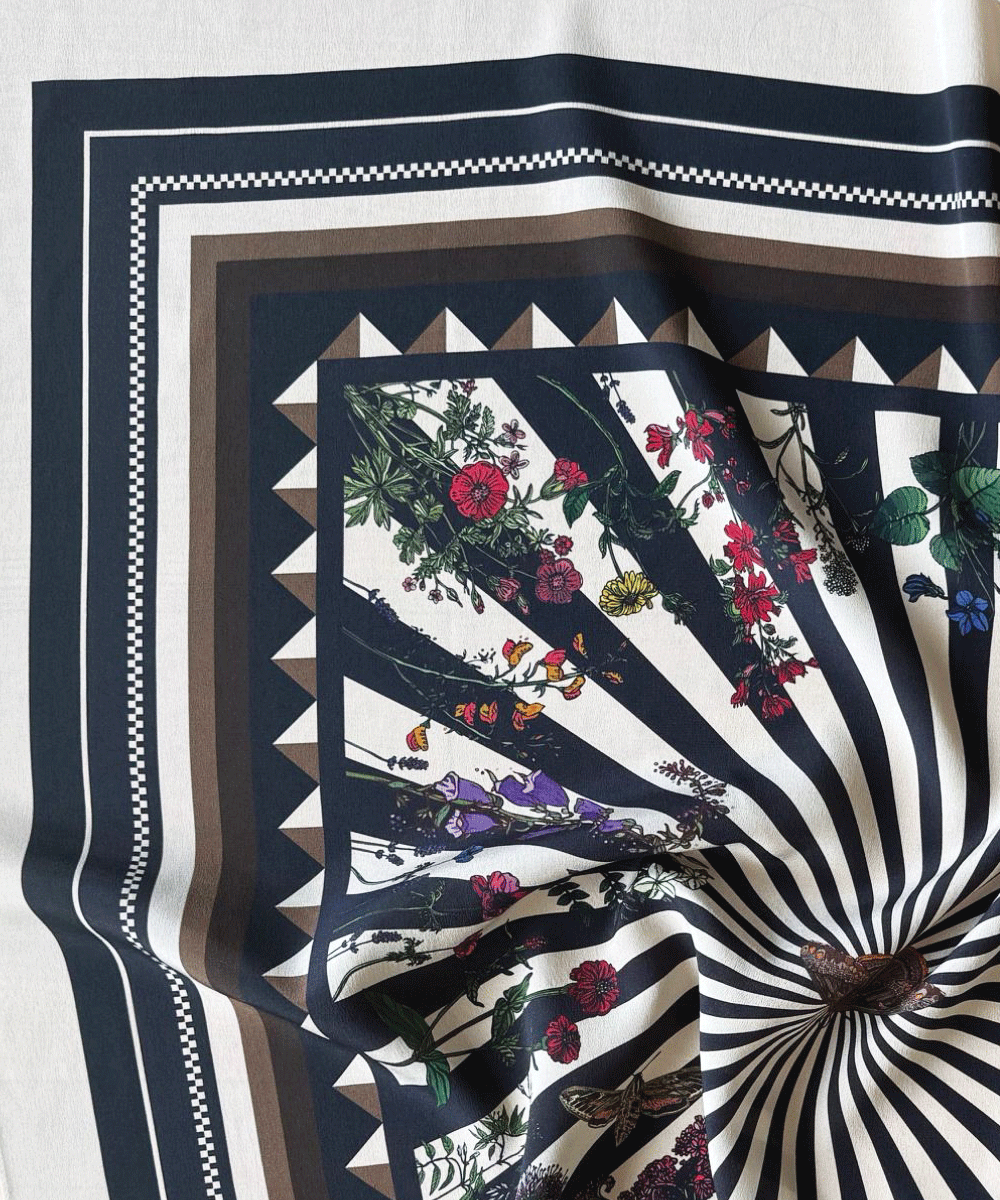 Floral Moth cream silk scarf by Silken Favours — illustrated moth and floral design with black stripes, made in Britain