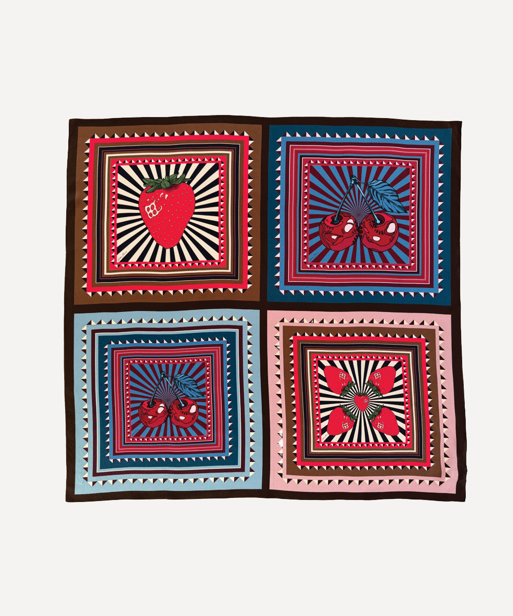 Patchwork Fruit Salad silk scarf by Silken Favours — four graphic fruit designs in one, made in Britain