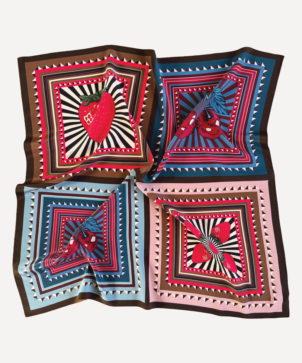 Patchwork Fruit Salad silk scarf by Silken Favours — four graphic fruit designs in one, made in Britain
