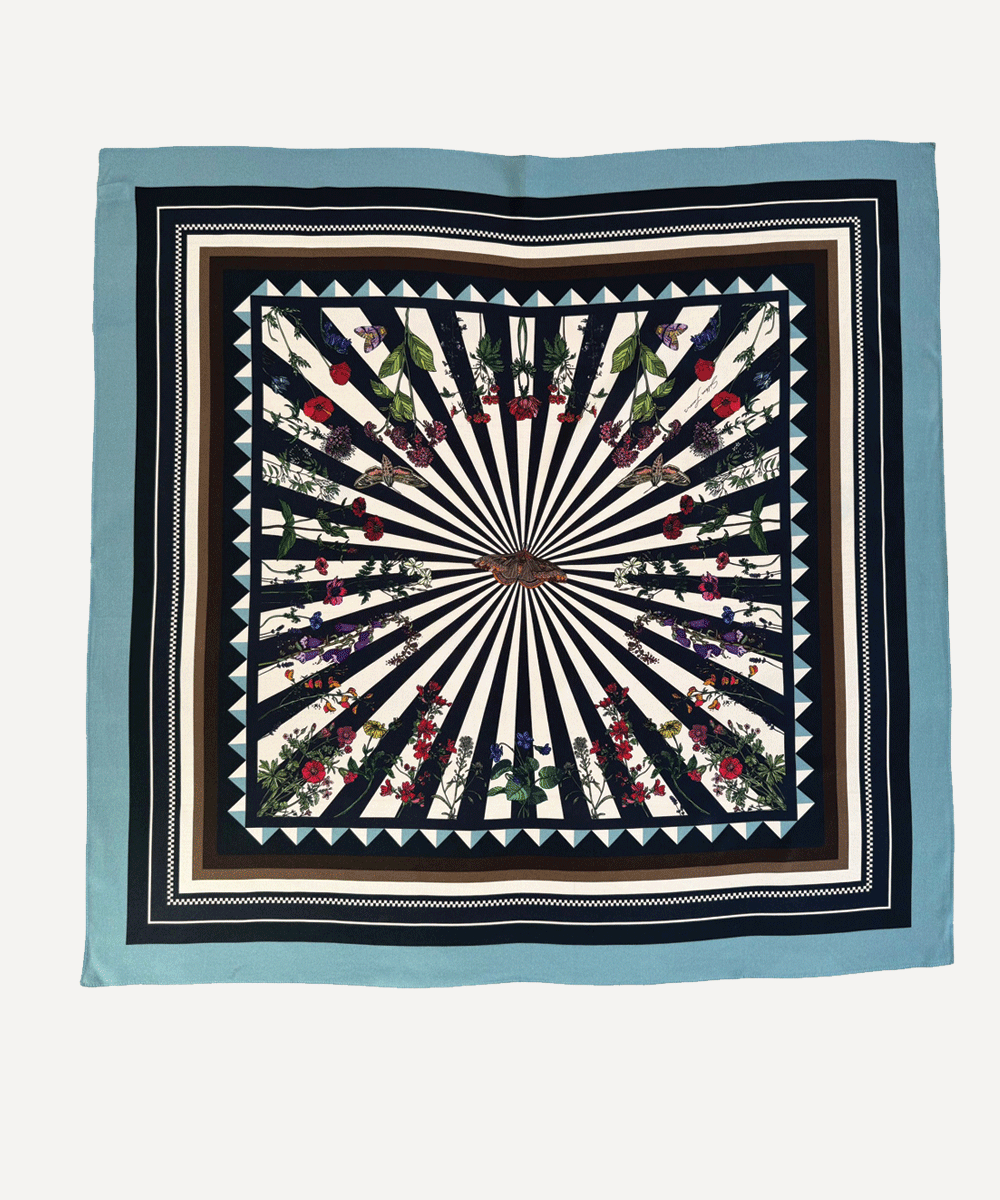 Floral Moth blue silk scarf by Silken Favours — illustrated moth and floral design with black stripes, made in Britain