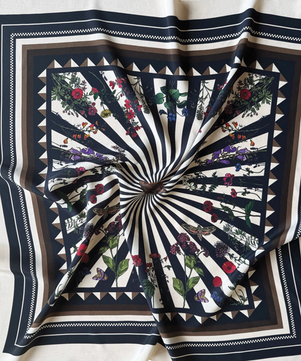 Floral Moth cream silk scarf by Silken Favours — illustrated moth and floral design with black stripes, made in Britain