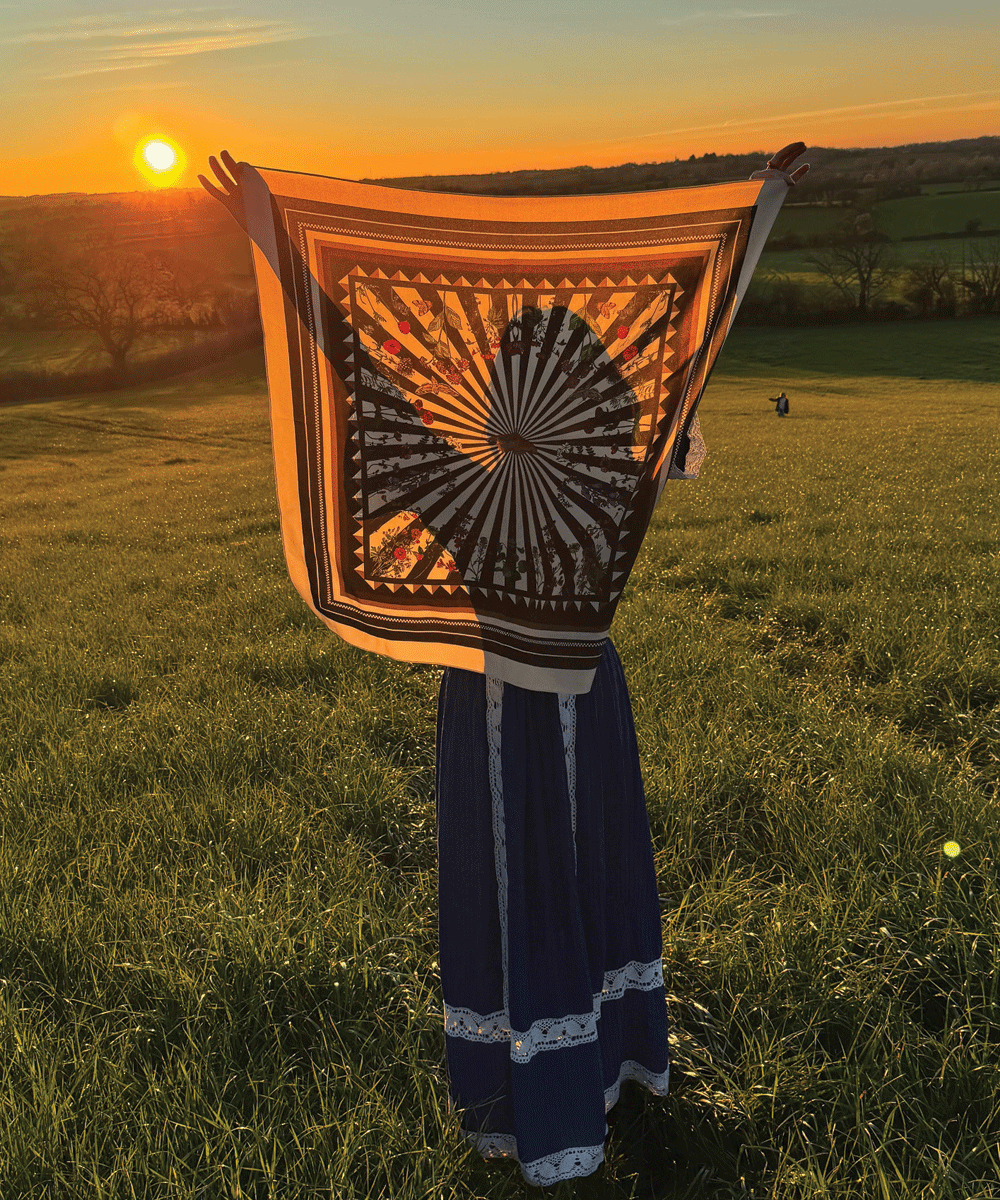 Floral Moth cream silk scarf by Silken Favours — illustrated moth and floral design with black stripes, made in Britain