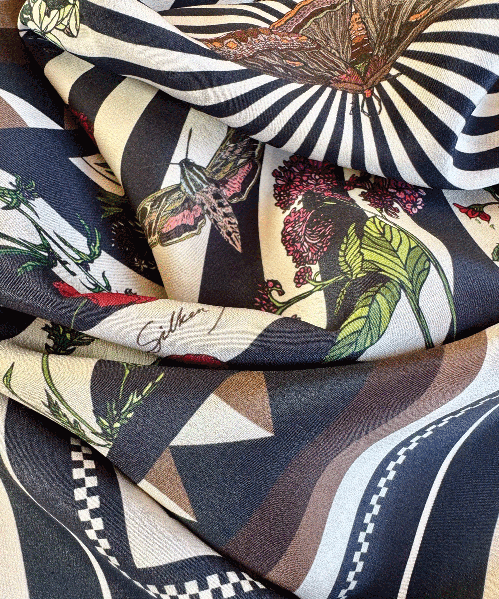 Floral Moth cream silk scarf by Silken Favours — illustrated moth and floral design with black stripes, made in Britain