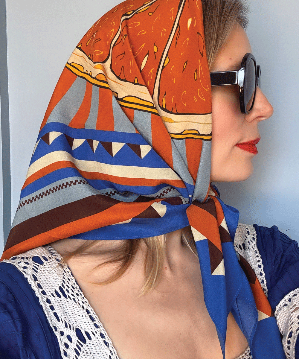 Orange Zing silk scarf by Silken Favours  bold orange, bright blue and light blue graphic print, made in Britain