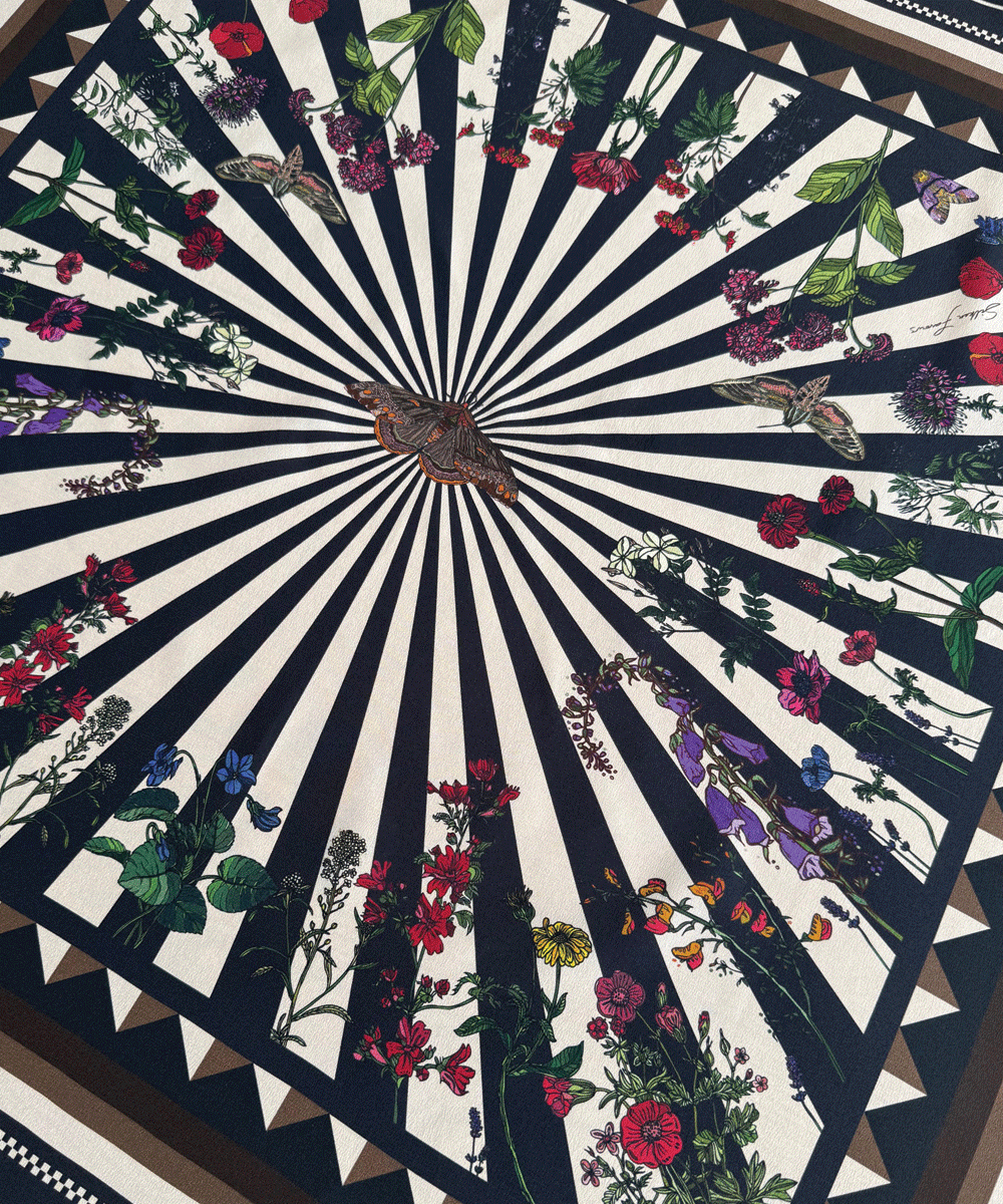 Floral Moth cream silk scarf by Silken Favours — illustrated moth and floral design with black stripes, made in Britain