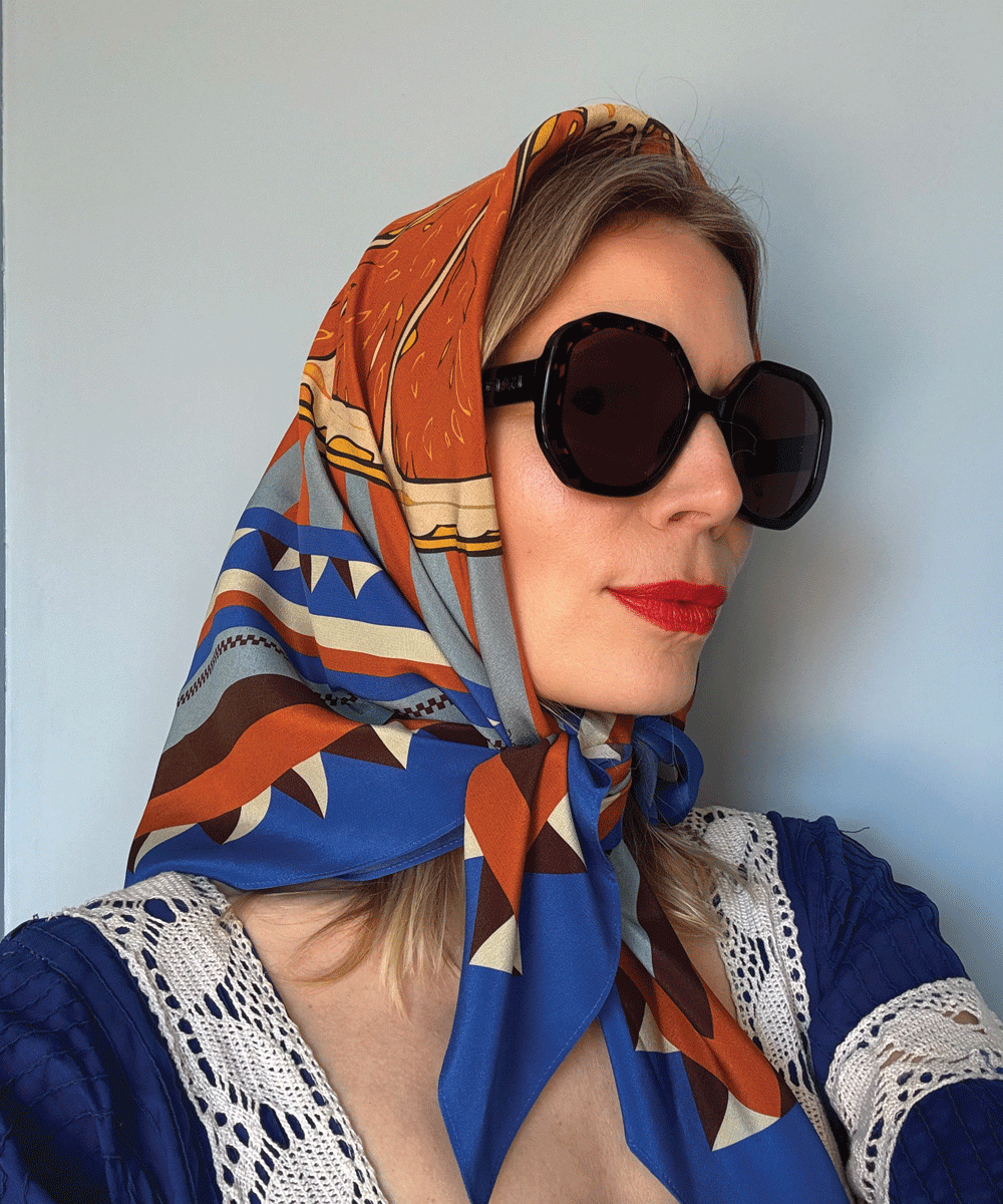 Orange Zing silk scarf by Silken Favours  bold orange, bright blue and light blue graphic print, made in Britain