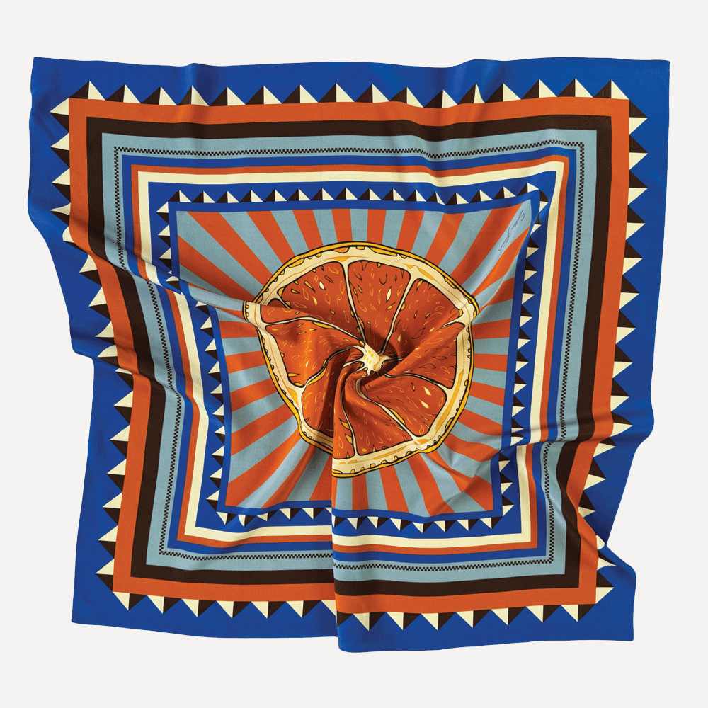 Orange Zing silk scarf by Silken Favours  bold orange, bright blue and light blue graphic print, made in Britain