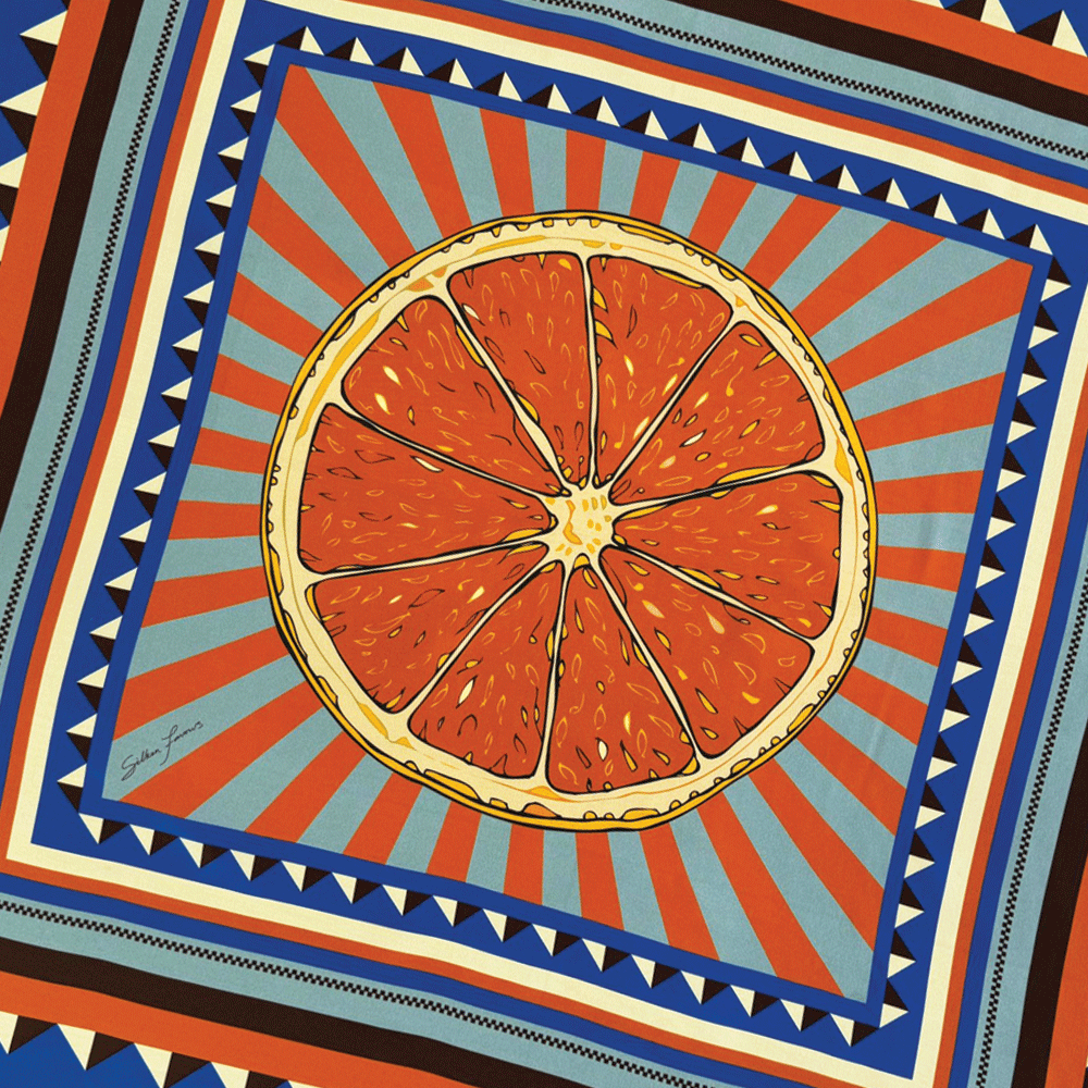 Orange Zing silk scarf by Silken Favours  bold orange, bright blue and light blue graphic print, made in Britain
