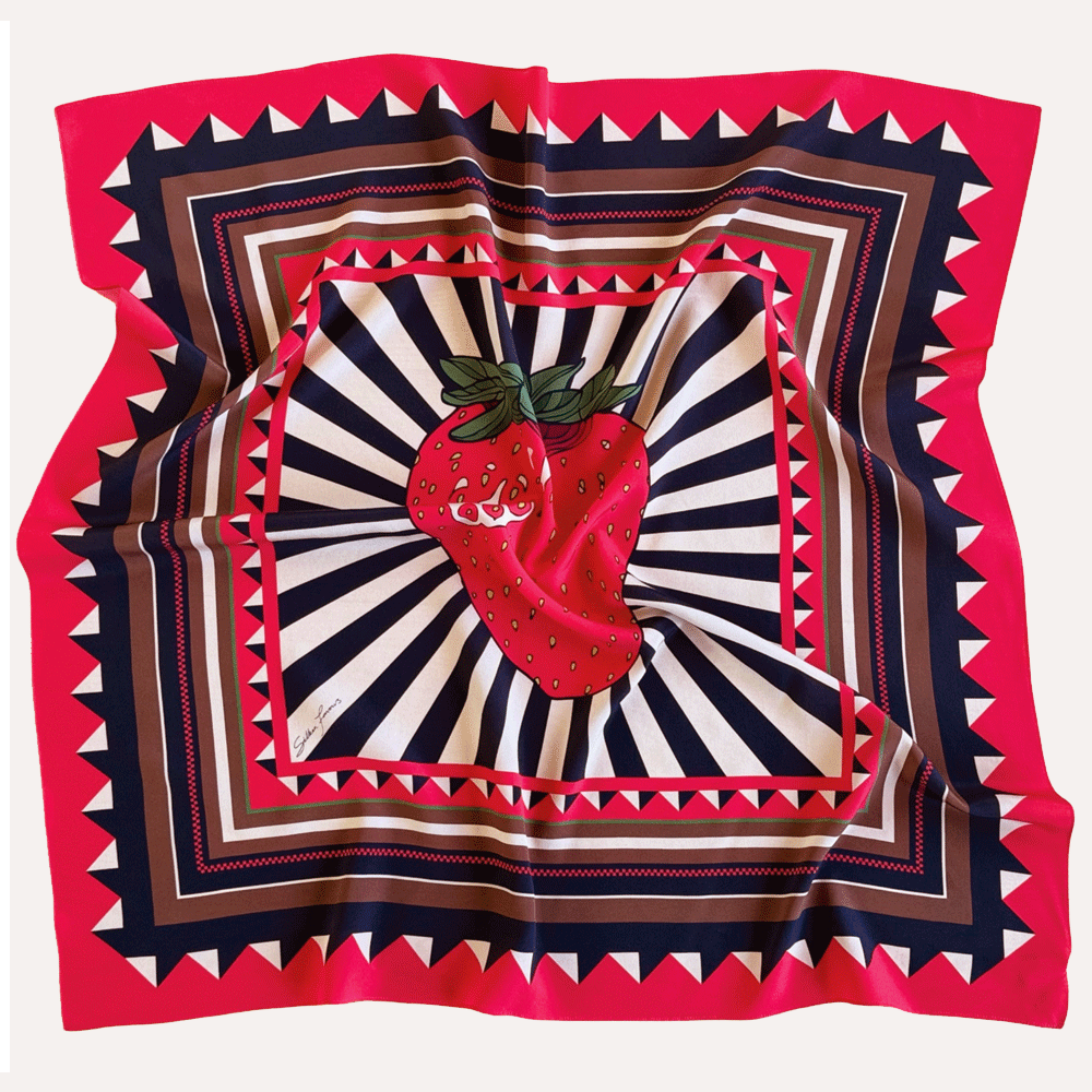 Strawberry Burst silk scarf by Silken Favours  bold red, cream and black graphic print, made in Britain