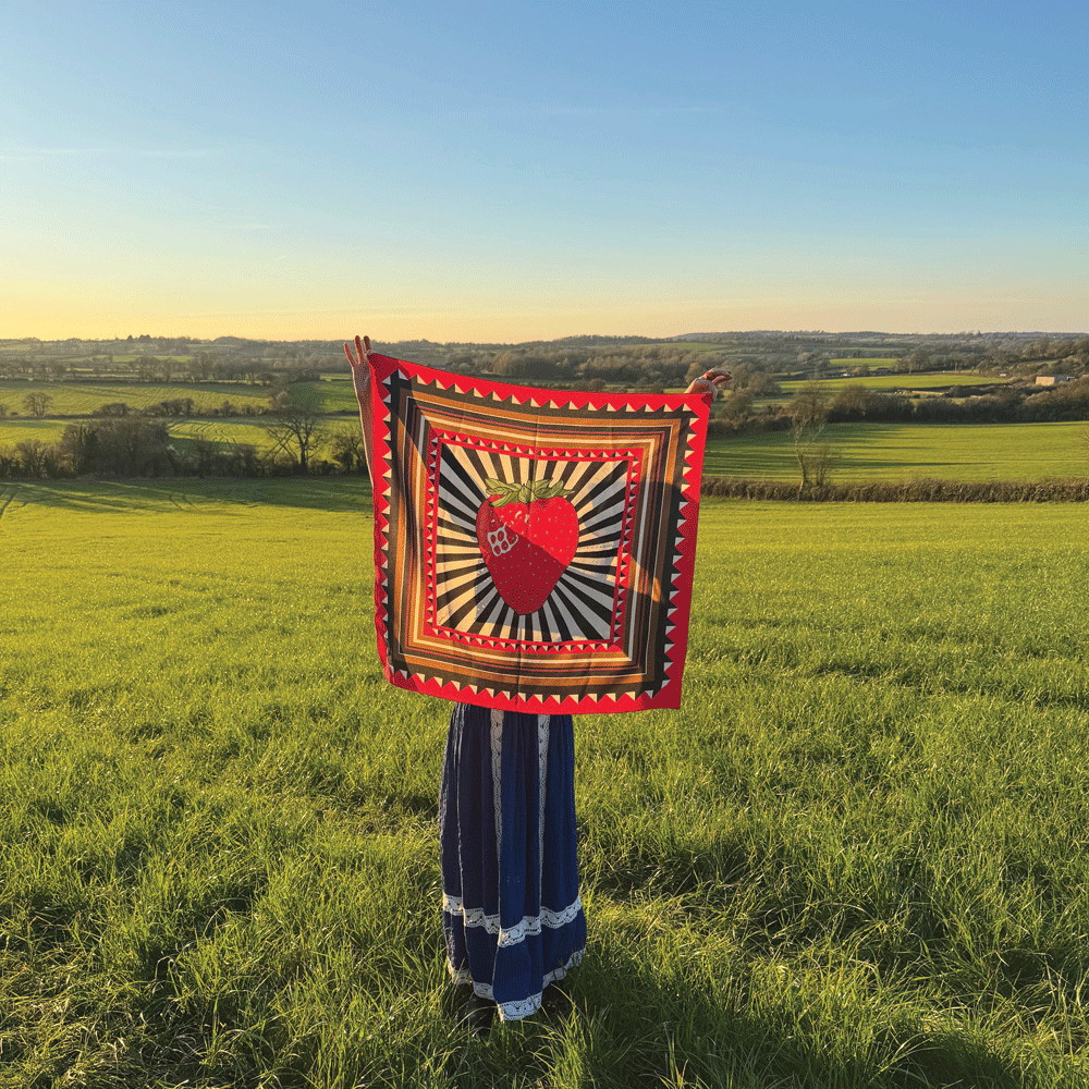 Strawberry Burst silk scarf by Silken Favours  bold red, cream and black graphic print, made in Britain